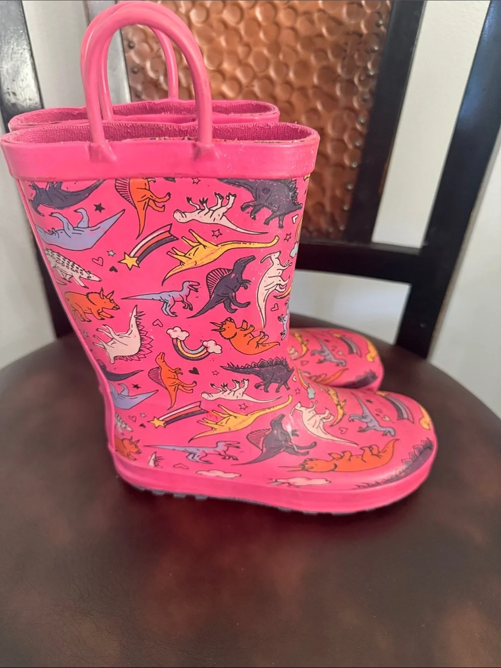 Kids Pink Dinosaur & Rainbow Rain Boots